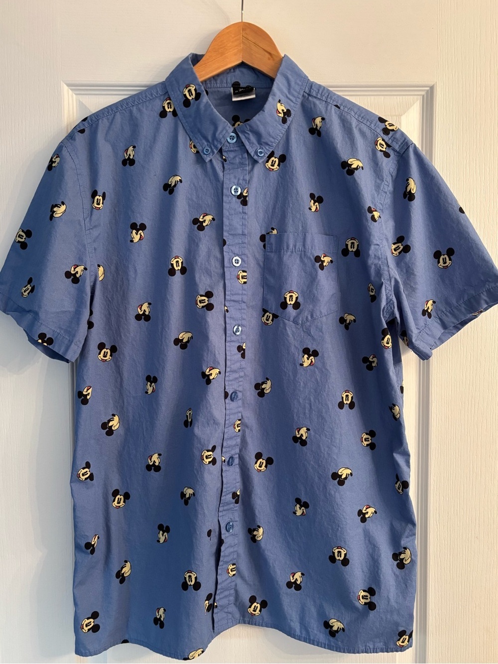 Disney Blue Short-Sleeve Button-Down Shirt with Mickey Heads
